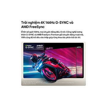 LG OLED AI B6 compares 144Hz vs 60Hz in a motorcycle racing game, showing the 144Hz panel as ultra-smooth and tear-free. NVIDIA G-SYNC and AMD FreeSync Premium logos appear at top left.